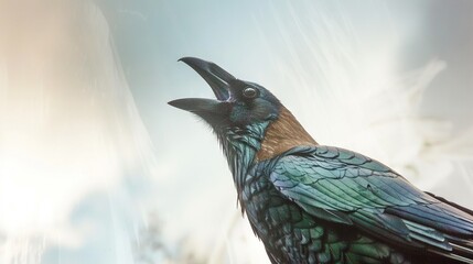   Close-up of a bird with its beak open and head turned to the side