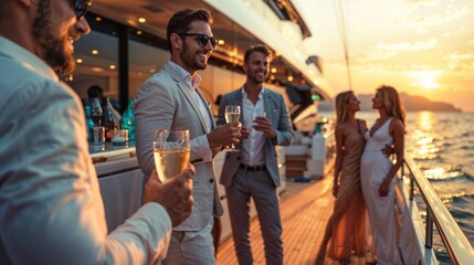 Luxury Yacht Party at Sunset: well-dressed peerson enjoying a party on a luxury yacht, sunset...