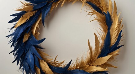 A golden and blue feather wreath on a white background, adding elegance and beauty to any setting.