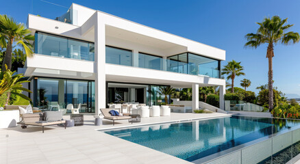 A modern house with a pool and terrace, swimming design, white walls, wooden floor