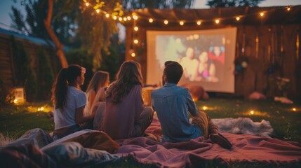 Cozy Outdoor Movie Night with Friends: Enjoying a Film under Fairy Lights in a Backyard Setting at Dusk