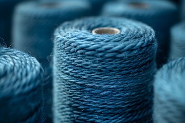 Full frame shot blue cotton yarns or threads on spool tube bobbins.