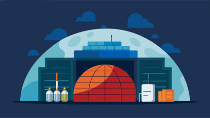 Nestled deep within the domes walls the storage facility is kept at a stable temperature and pressure preserving the valuable resources within.. Vector illustration