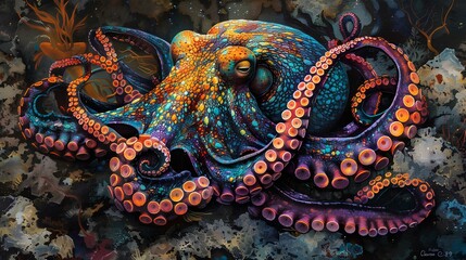 A colorful octopus camouflaging itself among the rocky seabed, its tentacles undulating with...