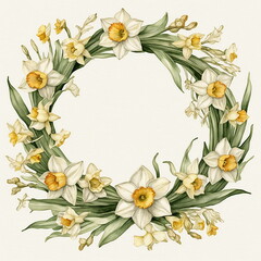 Watercolor wreath of Narcissus flowers on an ivory background