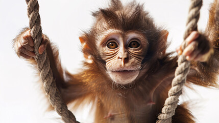 Playful monkey swinging on a white background