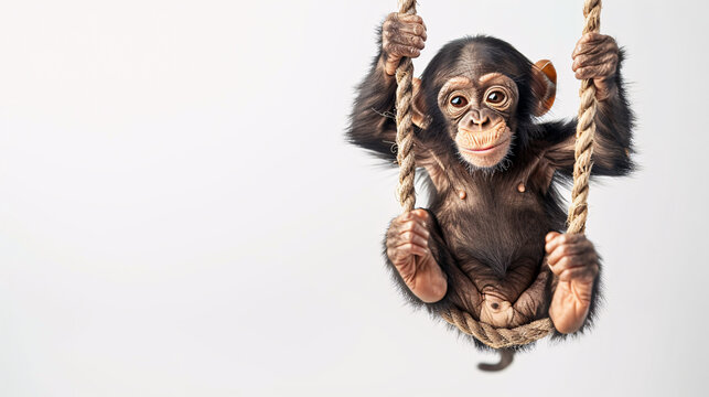 Playful monkey swinging on a white background