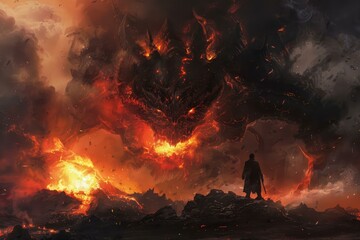 Lone figure faces a colossal dragon amid a blazing, dystopian wasteland