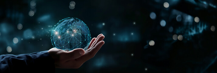 Businessman holding analytics cloud icons over an earth globe. Data graph. Global strategy for effective technology development. Banner.	