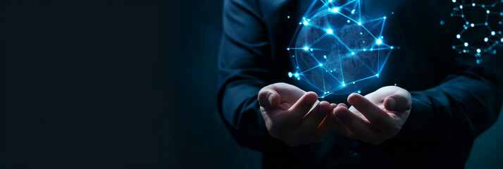 Businessman holding analytics cloud icons over an earth globe. Data graph. Global strategy for effective technology development. Banner.	