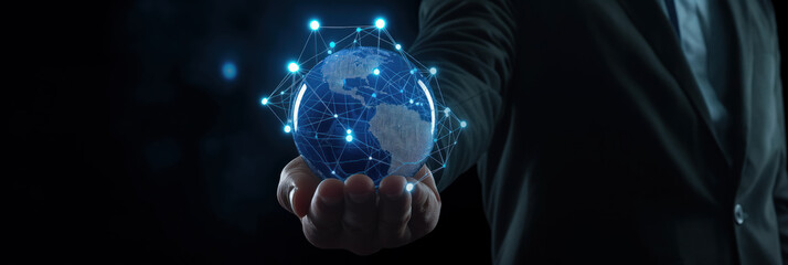 Businessman holding analytics cloud icons over an earth globe. Data graph. Global strategy for effective technology development. Banner.	