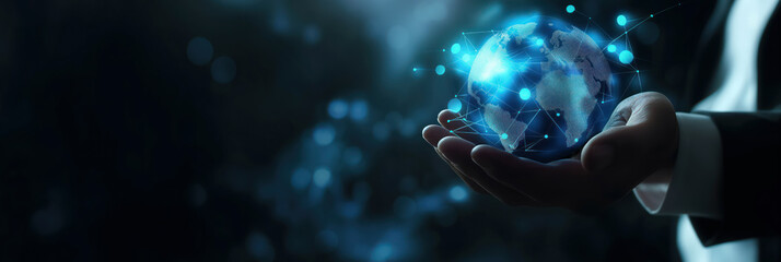 Businessman holding analytics cloud icons over an earth globe. Data graph. Global strategy for effective technology development. Banner.	