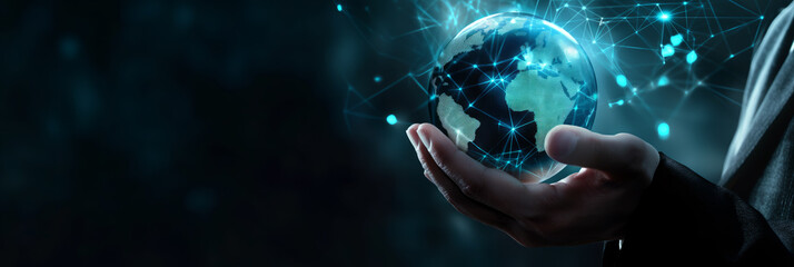 Businessman holding analytics cloud icons over an earth globe. Data graph. Global strategy for effective technology development. Banner.	