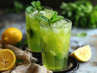 Summer drinks, Refreshing green lemonade with mint and ice in glasses
