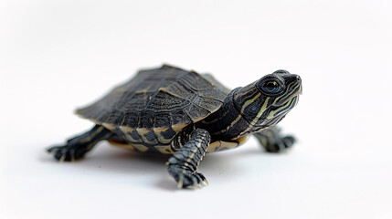 Small turtle crawling on a white background