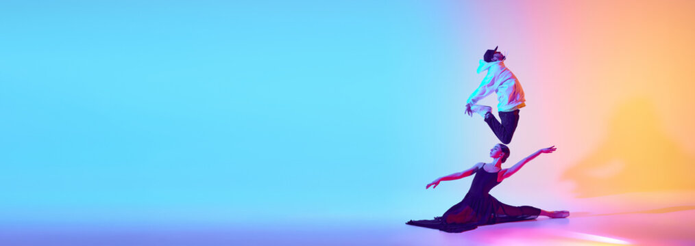Vivid Dance Pair. Elegant young girl, ballerina dancing with artistic and expressive man, break dancer against gradient background in neon light. Concept of classical and modern dance, performance - Powered by Adobe