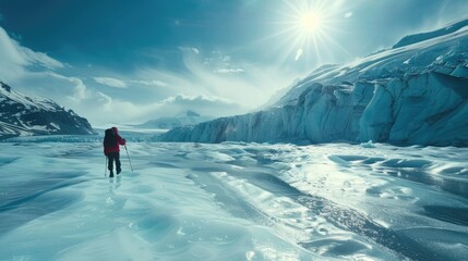 Arctic Wanderlust: Hiker Exploring a Glacial Wonderland under Brilliant Sunlight