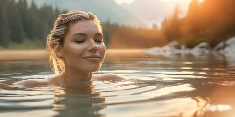 Cheerful woman with blonde hair swimming in lake immersed in natural beauty. Concept Outdoor Photoshoot, Portraits, Lake Photography, Blonde Hair, Natural Beauty