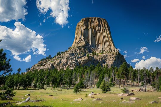 Scenic view of devils tower national monument with lush greenery and vibrant sky