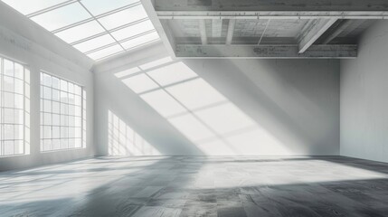 Obraz premium A spacious, well-lit empty modern room with large windows casting natural light onto the polished concrete floor and high ceiling.