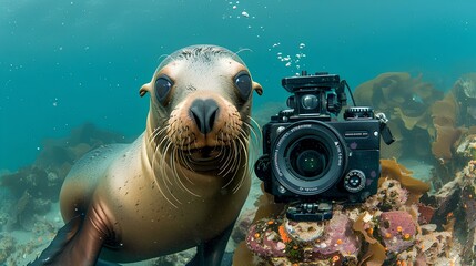 A curious sea lion playfully investigating a diver's camera, its dark eyes sparkling with mischief...