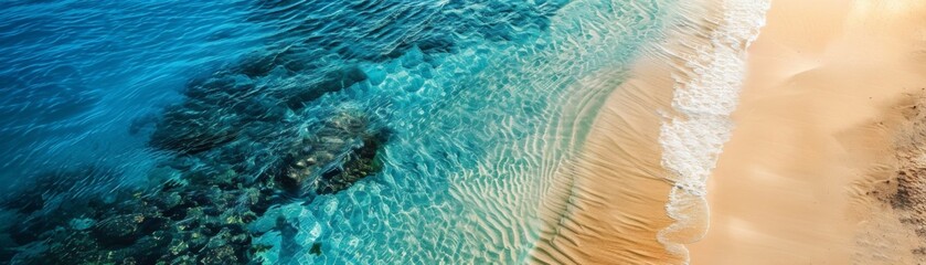 Aerial view of a serene beach with crystal clear blue water gently lapping against the golden sand, creating a peaceful holiday scene.