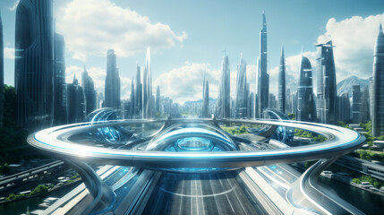 Futuristic metropolis, panoramic view of transport highways and skyscrapers, blue sky and bright sunny day