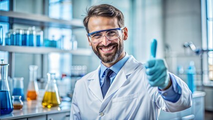 Thumbs Up Scientist: Scientist in a lab coat giving a thumbs up, indicating successful experiment results.
