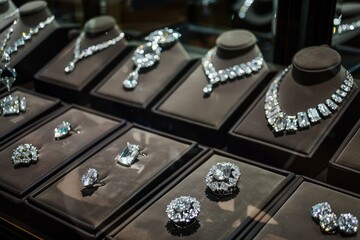 Highend assortment of sparkling diamond jewelry presented on elegant stands in a boutique