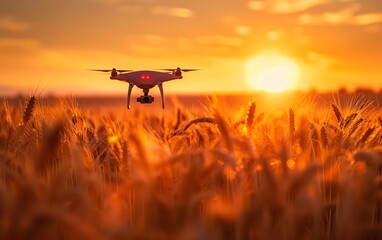 A drone flying over a golden wheat field at sunset, capturing the beauty and serenity of nature in the golden hour.