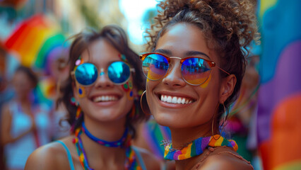 Happy LGBTQ+ Friends Celebrating at a Colorful Pride Parade with Reflective Sunglasses and Rainbow Accessories