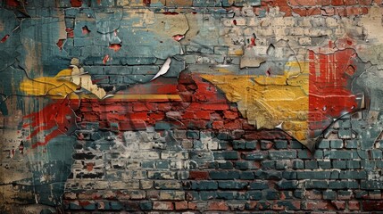 Fototapeta premium An old brick wall featuring layers of peeling paint in vibrant red, blue, and yellow, illustrating decay and texture.