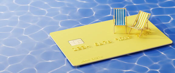 Using a credit card for paying the summer vacation concept. Two beach folding chairs on an...