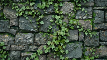 Symbolizing the resilience and beauty of nature, vibrant green ivy leaves climb over a textured stone wall against a backdrop of ancient architecture.
