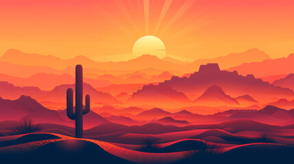 A desert landscape with a cactus and a sun in the sky