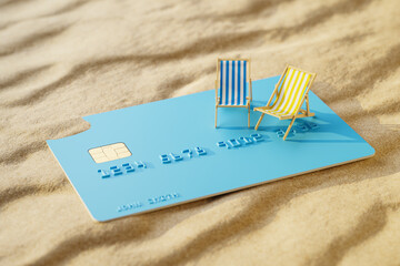 Using a credit card for paying the summer vacation concept. Two beach folding chairs on an...