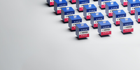 Elections in the United States concept. A large group of ballot boxes with blue and red stripes, stars and the text I voted. A paper ballot in the slot. Copy space at he bottom and left.