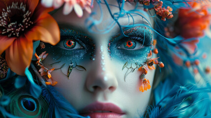 A woman with blue eyes and orange flowers on her face