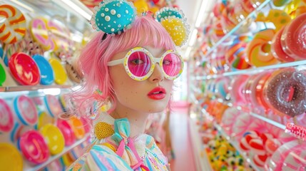 Blissful Candy Couture: Playful Model Stuns in Colorful Fashion Amid Bright Candy Store Ambiance