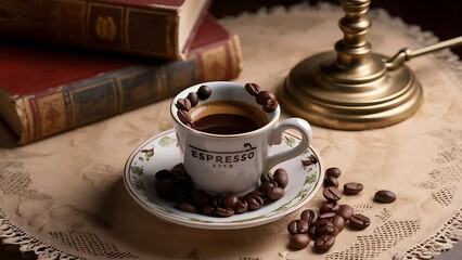 "Espresso Coffee Cup With Beans On Vintage Table