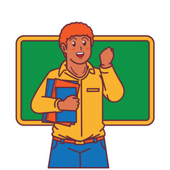 Cartoon female teacher carrying a book, and a blackboard behind him