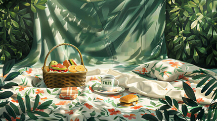 A basket of food is on a blanket in a lush green field