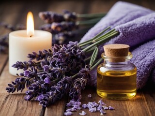 Lavender oil, fresh towel, and perfumed candle for a tranquil spa experience on wood.