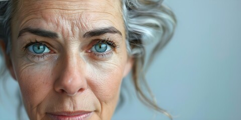 Close-up of a mature woman's face highlighting expressive forehead wrinkles. Concept Portrait Photography, Facial Features, Mature Beauty, Expresive Forehead Wrinkles, Close-Up Shot