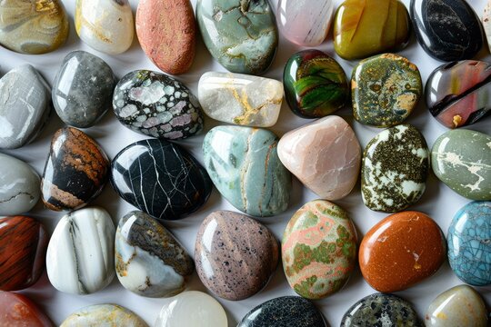 Assorted collection of polished semiprecious gemstones in vibrant colors for geology enthusiasts and lapidary art crafting