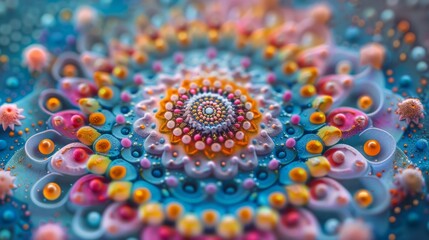 An intricate and colorful mandala painting symbolizes spiritual unity and harmony with its detailed patterns and a radiant central flower.