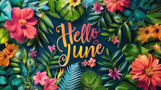 A vibrant summer-themed poster with the words "Hello June" surrounded by tropical flowers and leaves.