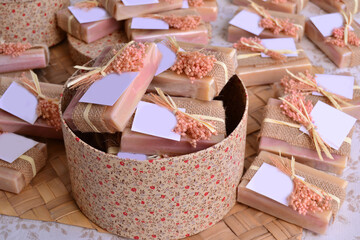 Fall wedding decoration soaps for guest gifts, round box on favor table with party custom souvenirs...