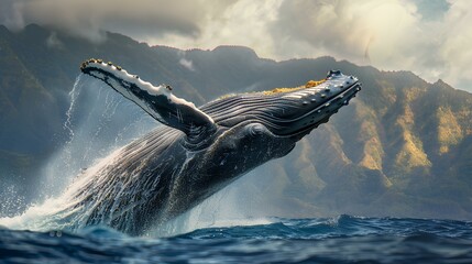A majestic humpback whale breaching the surface in a display of raw power and grace, its immense...