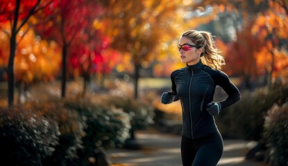 Athletic Woman Jogging in Autumn Forest.